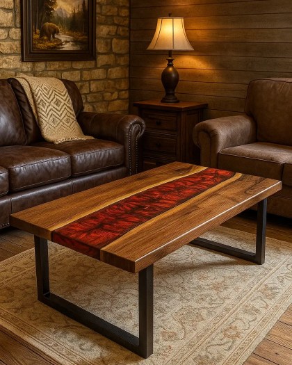 Black Walnut river table featuring Akai Tsuki red resin centerpiece, displayed in a cozy living room with leather sofas, stone wall, and warm ambient lighting