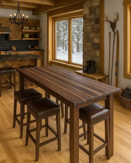 Black Walnut, Cherry, and Mahogany bar-height table with matching stools in a cozy cabin kitchen with wood beams and stone fireplace