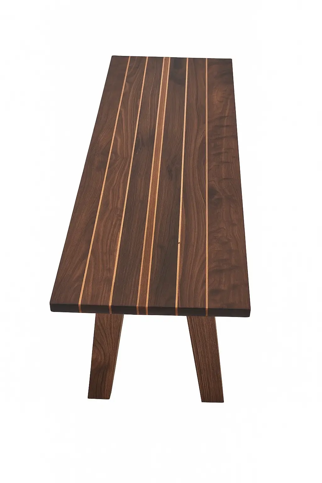 Studio image of handcrafted Black Walnut table with Cherry and Mahogany wood inlays on a white background