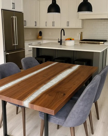 Black Walnut river dining table with Dazzling Diamond resin inlay, displayed in a modern kitchen with white cabinetry, pendant lighting, and gray upholstered chairs