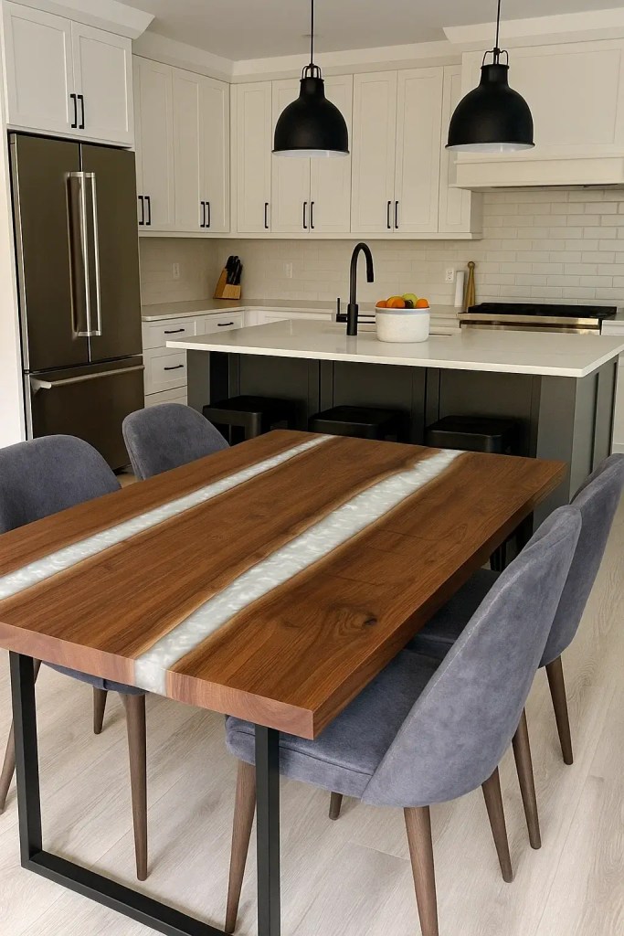 Black Walnut river dining table with Dazzling Diamond resin inlay, displayed in a modern kitchen with white cabinetry, pendant lighting, and gray upholstered chairs