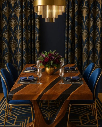 Black Walnut dining table with Midnight Blue resin river centerpiece, elegantly set in a dining room with navy and gold Art Deco decor, blue velvet chairs, and a gold chandelier