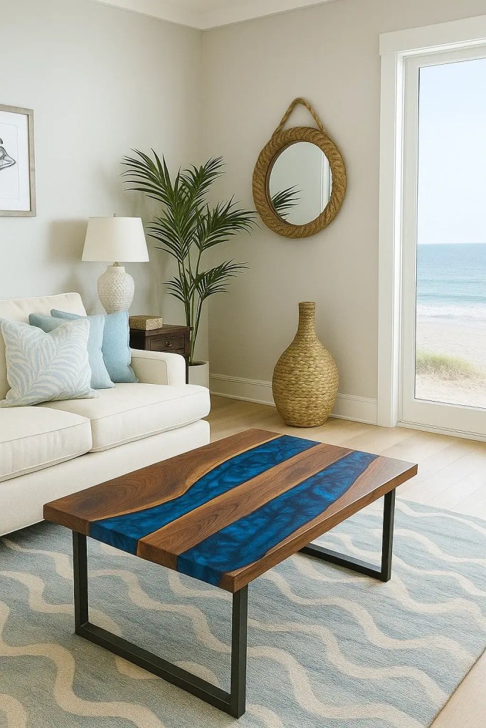 Black Walnut coffee table with Pacific Blue resin river centerpiece displayed in a bright coastal living room with ocean views, cream sofa, and woven decor