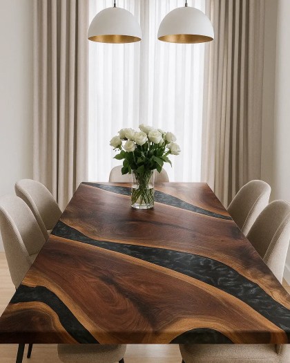 Black Walnut dining table with Silver Druzy and Black Onyx resin rivers, styled in a modern dining room with beige chairs and white rose centerpiece
