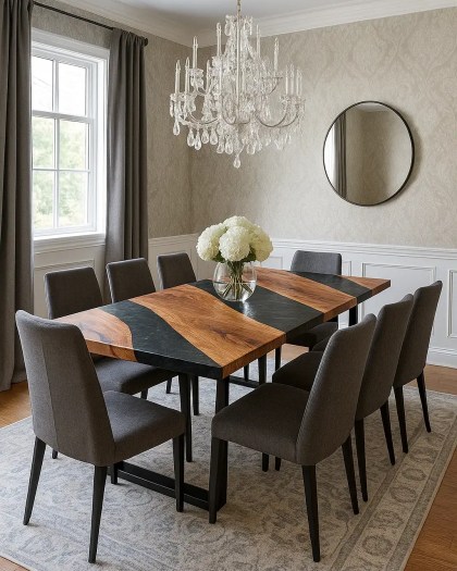 Cherry dining table with sumi black resin river centerpiece in an elegant dining room with gray chairs and crystal chandelier