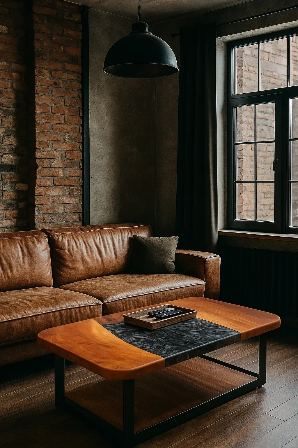 Cherry wood resin river coffee table with Silver Druzy resin, set in an industrial living room with leather sofa, brick walls, and warm ambient lighting