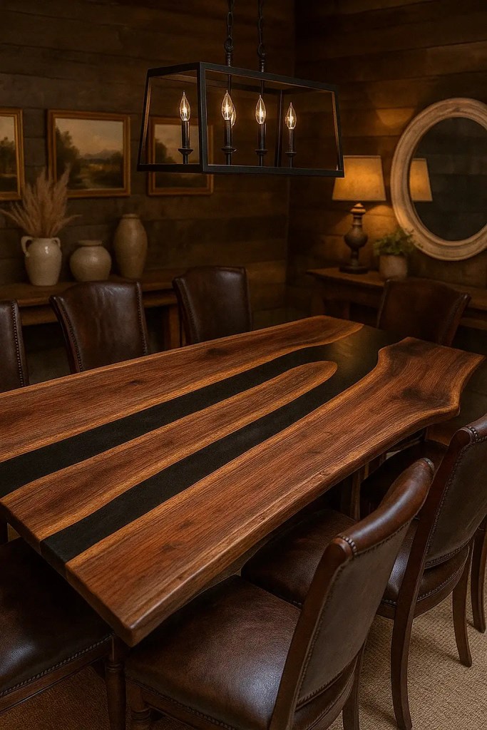 Live edge Black Walnut dining table with Black Onyx resin river centerpiece, styled in a rustic dining room with leather chairs and warm lighting