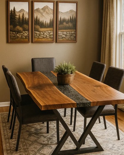 Live edge Black Walnut book-matched resin river dining table with Silver Druzy resin centerpiece, surrounded by upholstered chairs in a warm, mountain-inspired dining room