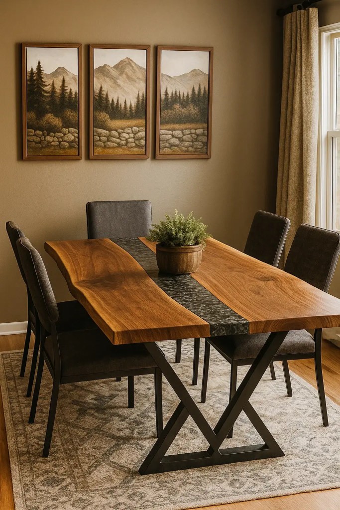 Live edge Black Walnut book-matched resin river dining table with Silver Druzy resin centerpiece, surrounded by upholstered chairs in a warm, mountain-inspired dining room