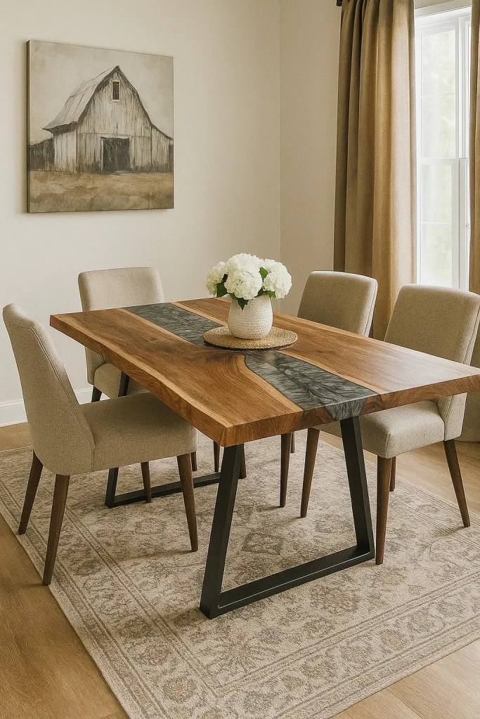 Live edge Black Walnut book-matched resin river dining table with Silvery Druzy resin centerpiece, styled in a neutral dining room with beige chairs and natural light