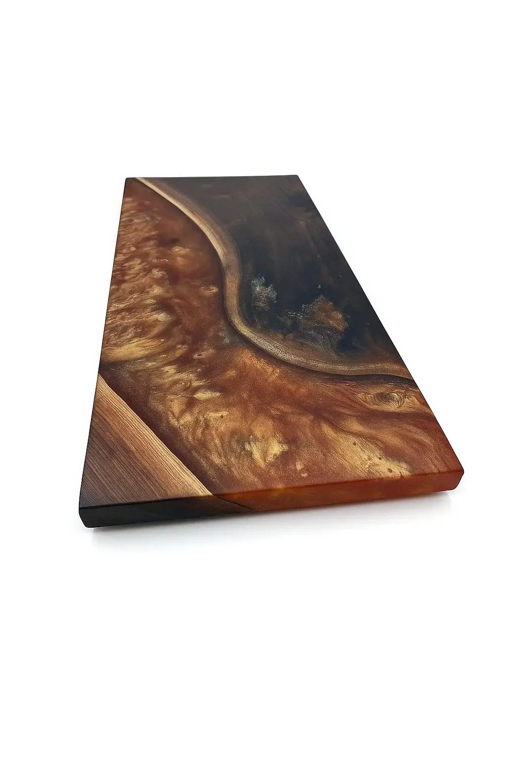 Black Walnut charcuterie board with Gold Pavilion resin inlay on a white background, highlighting the rich wood grain and golden resin details