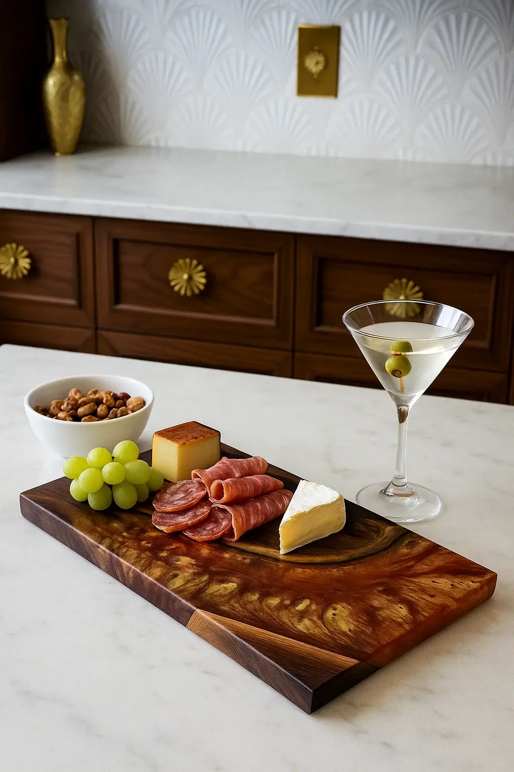Black Walnut charcuterie board with Gold Pavilion resin inlay, styled with cheese, salami, grapes, and a martini on a marble countertop