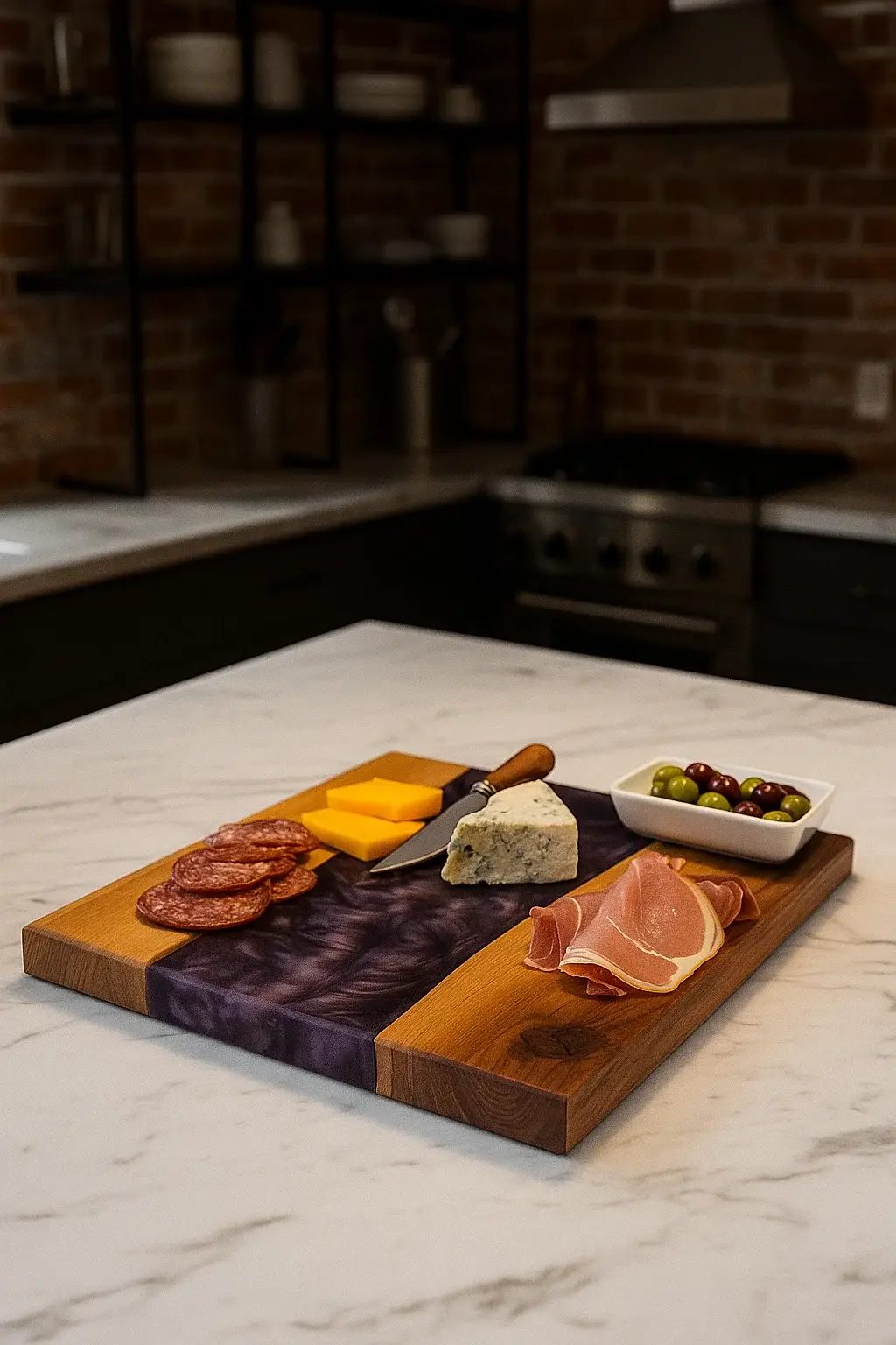 Black Walnut charcuterie board with deep purple resin inlay, styled with cheese, prosciutto, salami, and olives on a marble countertop in a modern kitchen