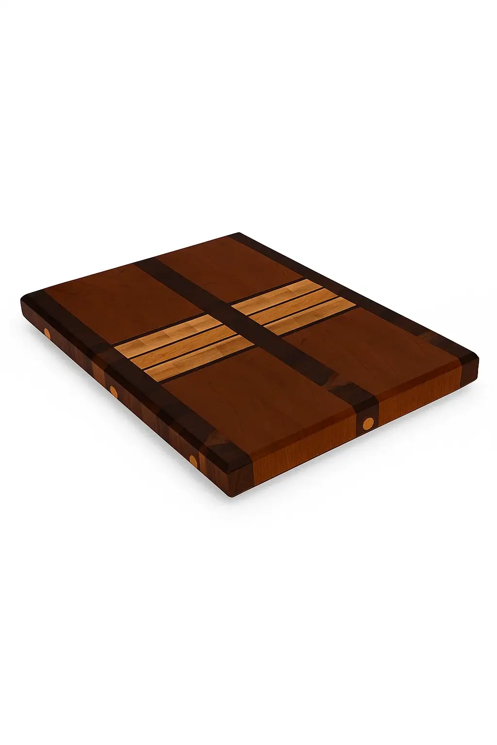 End grain cutting board crafted from Black Walnut, Maple, and Cherry wood with a smooth finish and dowel accents, displayed on a white background
