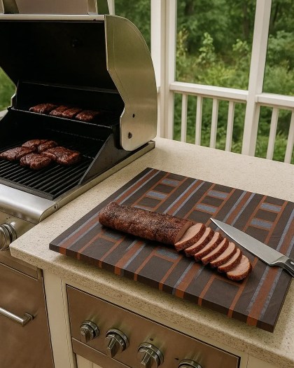 End grain cutting board with geometric inlay design placed beside a stainless steel outdoor grill, featuring sliced smoked meat and a chef knife on a stone countertop