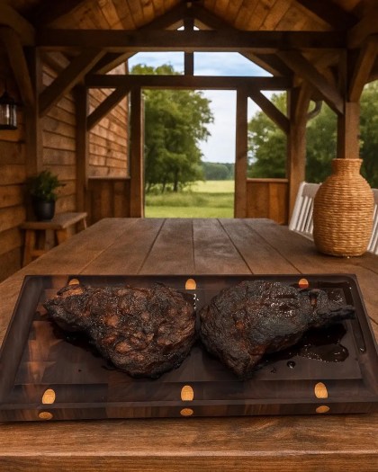 Tenderloin style end grain butcher block made from rich Black Walnut wood, displayed on a rustic outdoor farmhouse table with grilled steaks
