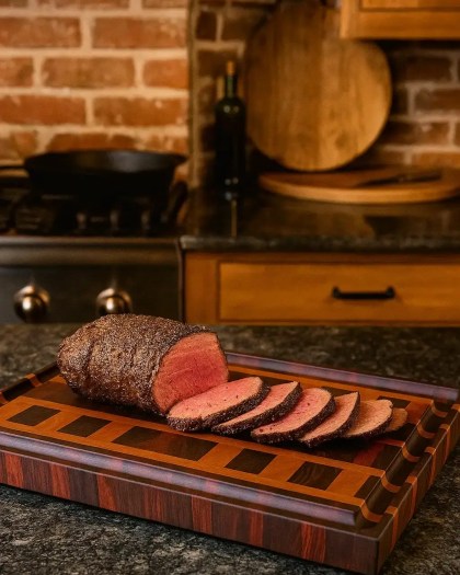 End grain Black Walnut, Cherry, and Bloodwood cutting board with sliced roast beef in a rustic kitchen setting