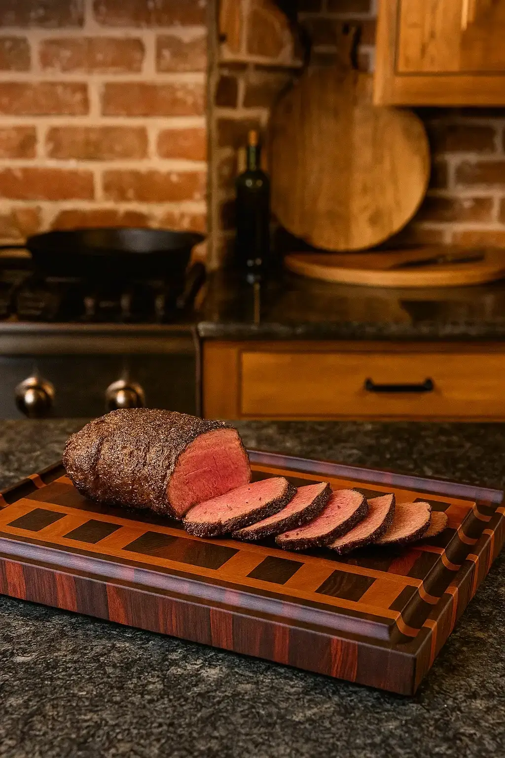 End grain Black Walnut, Cherry, and Bloodwood cutting board with sliced roast beef in a rustic kitchen setting