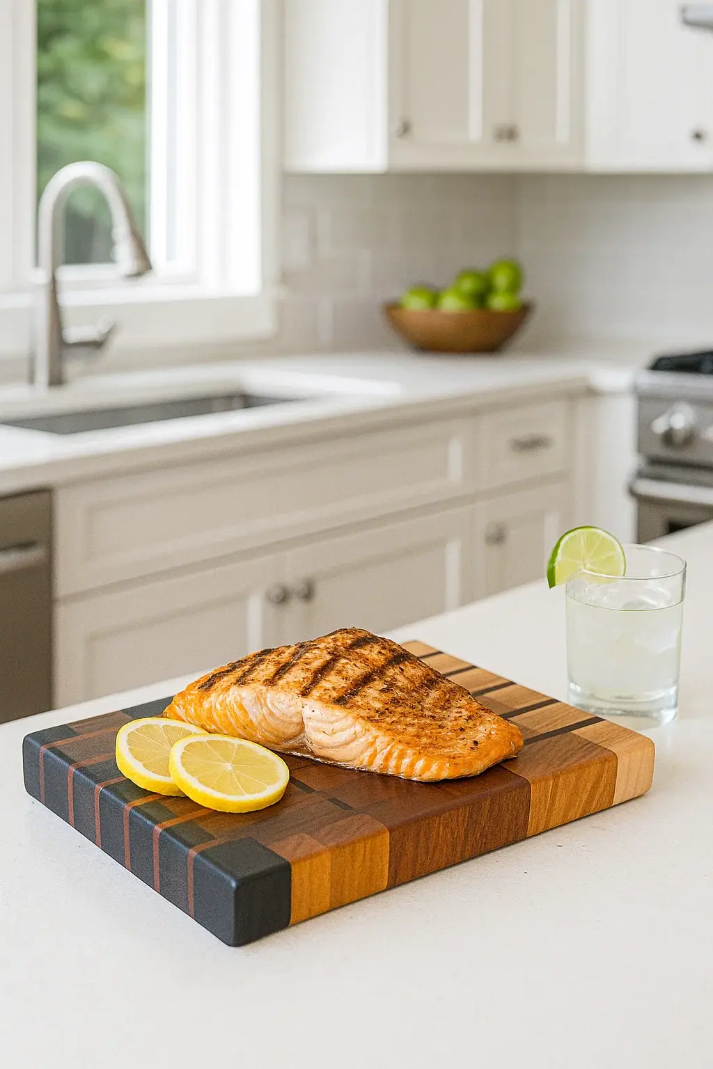 End grain Black Walnut, Cherry, Maple, and Sapele cutting board with grilled salmon and lemon slices in a bright modern kitchen