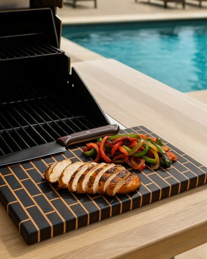 End grain Black Walnut and Maple cutting board used for slicing grilled chicken and vegetables beside a poolside grill in an outdoor kitchen setting