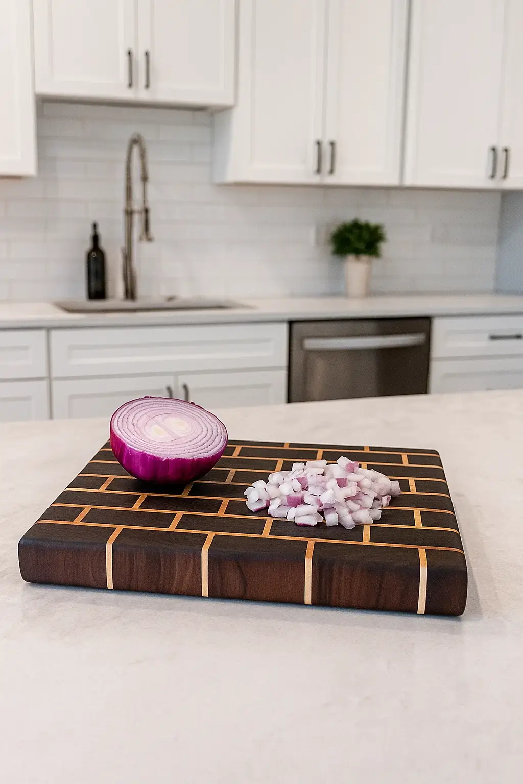 End grain Black Walnut and Maple cutting board with diced red onion in a bright modern kitchen