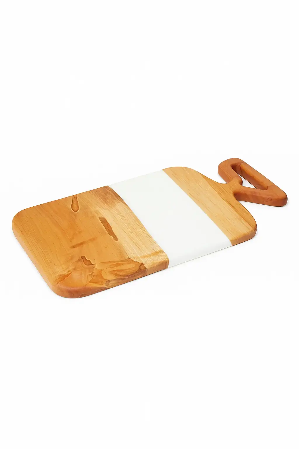 Maple charcuterie board with solid white resin inlay on a white background, showcasing the handcrafted handle and smooth resin finish