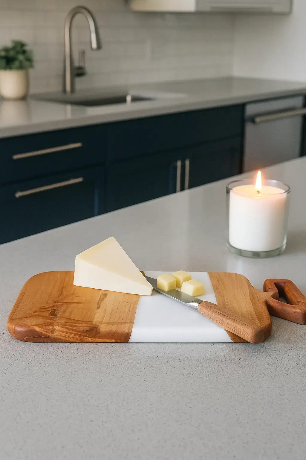 Maple charcuterie board with solid white resin inlay, displayed on a kitchen countertop with cheese, knife, candle, and modern navy cabinets in the background