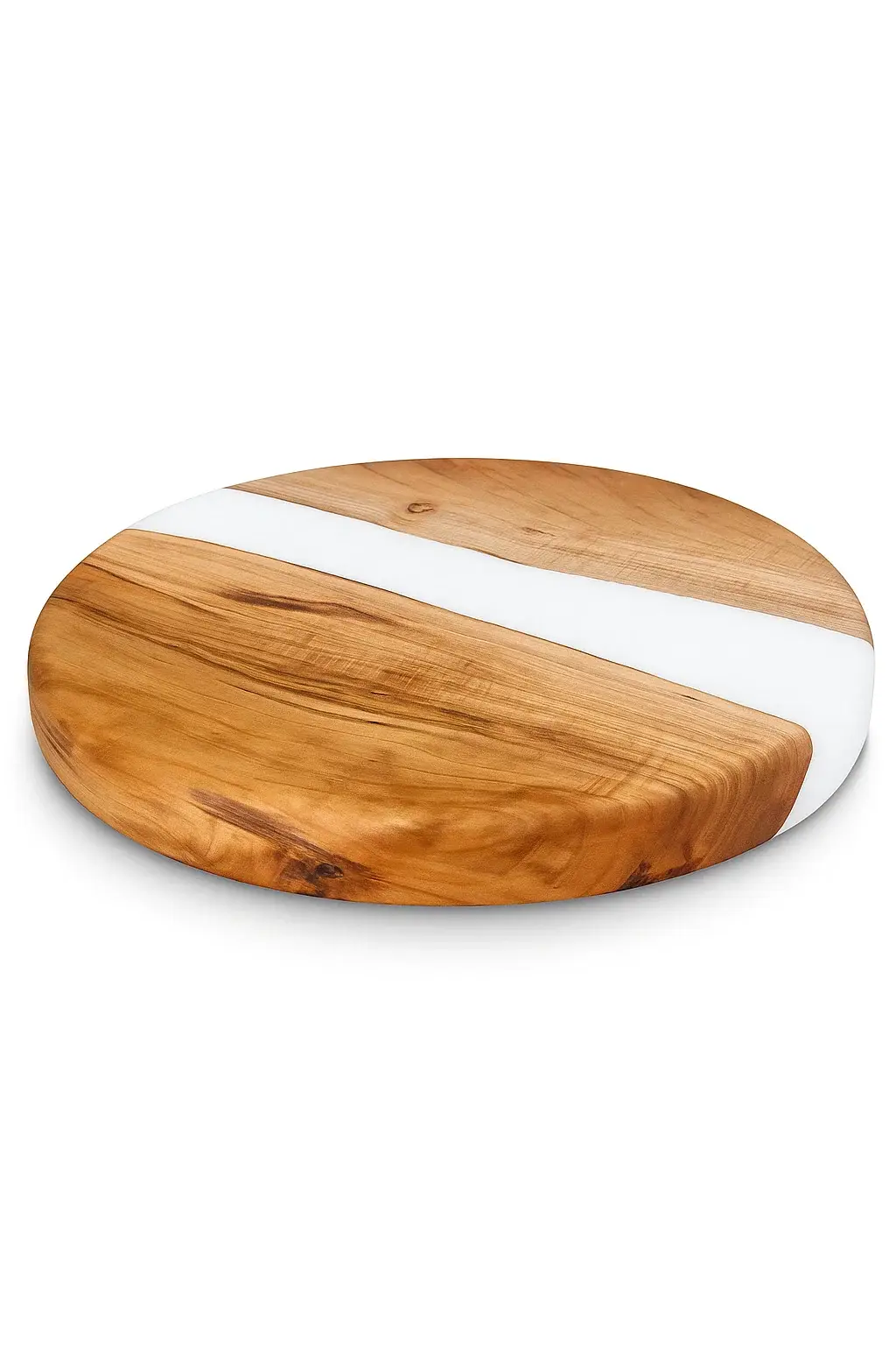 Maple and white resin Lazy Susan on a white background, highlighting the smooth handcrafted wood grain and seamless resin stripe