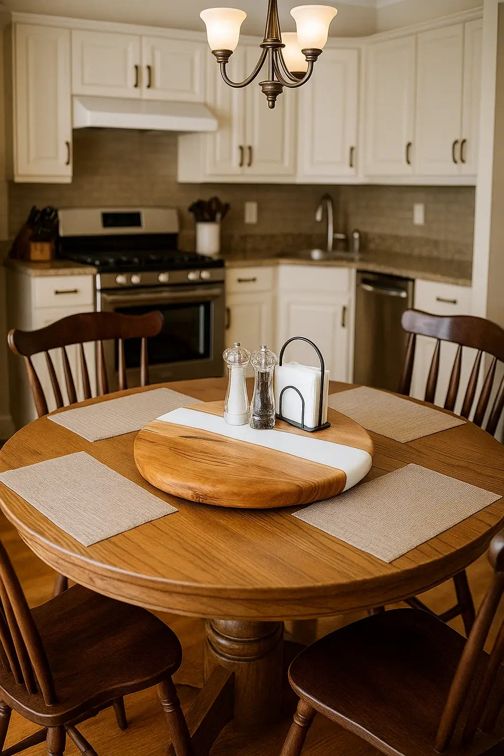 Maple and white resin Lazy Susan displayed on a round wooden dining table in a cozy kitchen with neutral tones