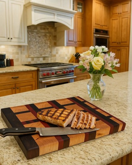 Three-tone end grain butcher block made from Maple, Black Walnut, and Padauk, displayed on a kitchen counter with grilled chicken and a knife beside a vase of flowers
