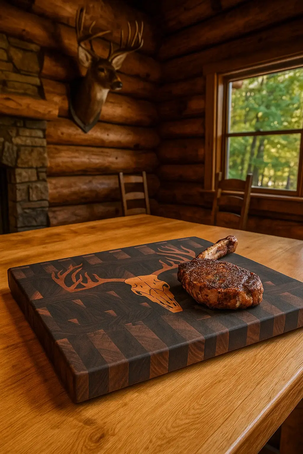 Black Walnut end grain cutting board with maple and cherry wood inlay, featuring a deer skull design and a cooked tomahawk steak in a rustic log cabin kitchen