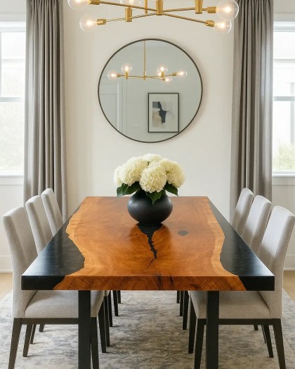Cherry river dining table with black onyx resin centerpiece in a modern dining room with beige chairs, round mirror, and gold chandelier