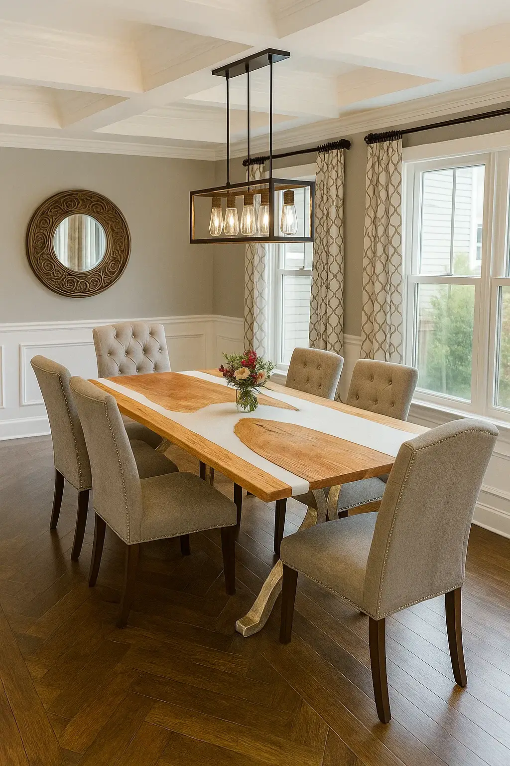 Maple river dining table with solid white resin centerpiece in a modern dining room with tufted chairs and warm wood floors