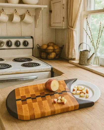 Sled cutting board handcrafted from Maple and Black Walnut wood in a checkerboard pattern, shown in a cozy rustic kitchen with a sliced apple on a plate