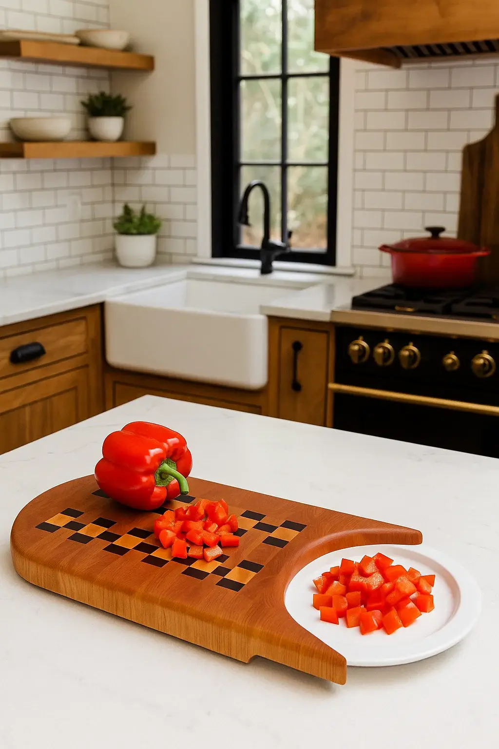 Sled-style cutting board with a checkerboard pattern handcrafted from Maple, Cherry, and Black Walnut wood, displayed on a kitchen counter with a red bell pepper and white plate
