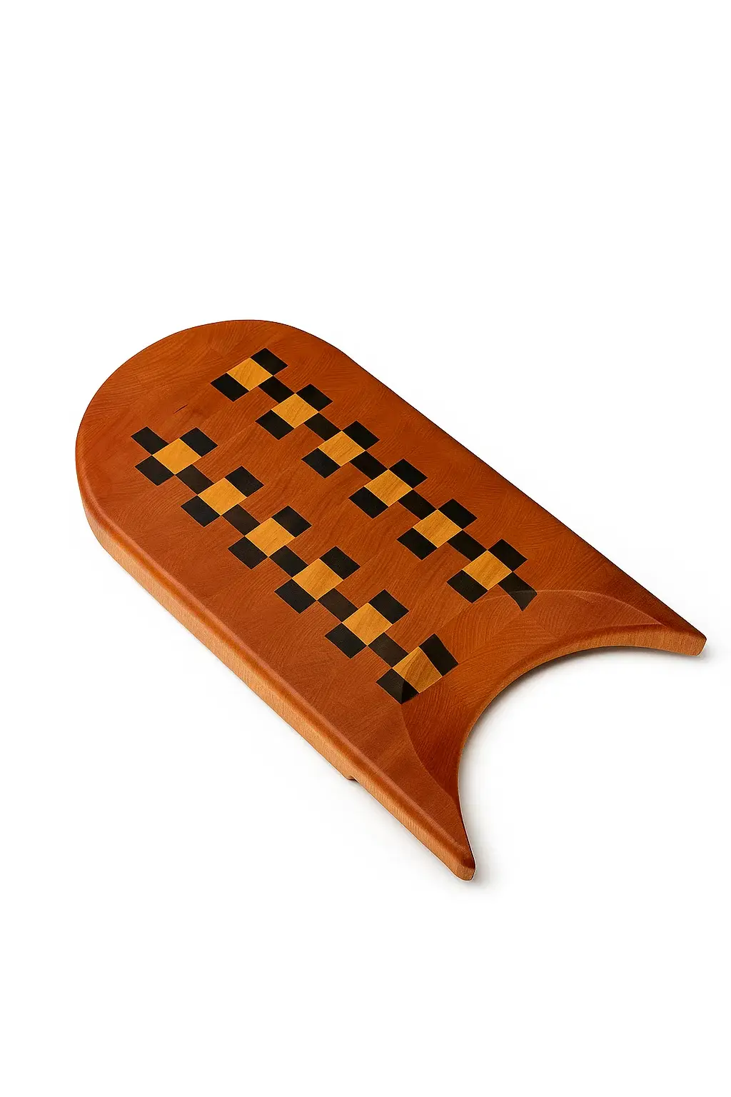 Sled-style cutting board with checkerboard inlay handcrafted from Maple, Cherry, and Black Walnut wood, displayed on a white background at an angled view