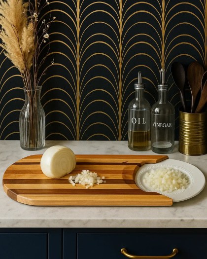 Sled cutting board handcrafted from Maple, Cherry, Bloodwood, and Mahogany wood, shown on a kitchen counter with a chopped onion beside oil and vinegar bottles