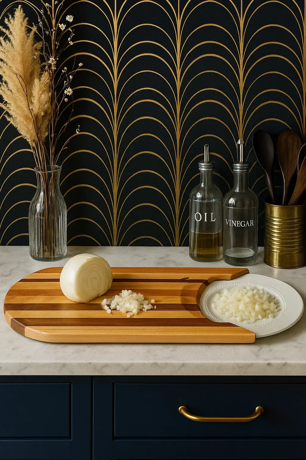Sled cutting board handcrafted from Maple, Cherry, Bloodwood, and Mahogany wood, shown on a kitchen counter with a chopped onion beside oil and vinegar bottles