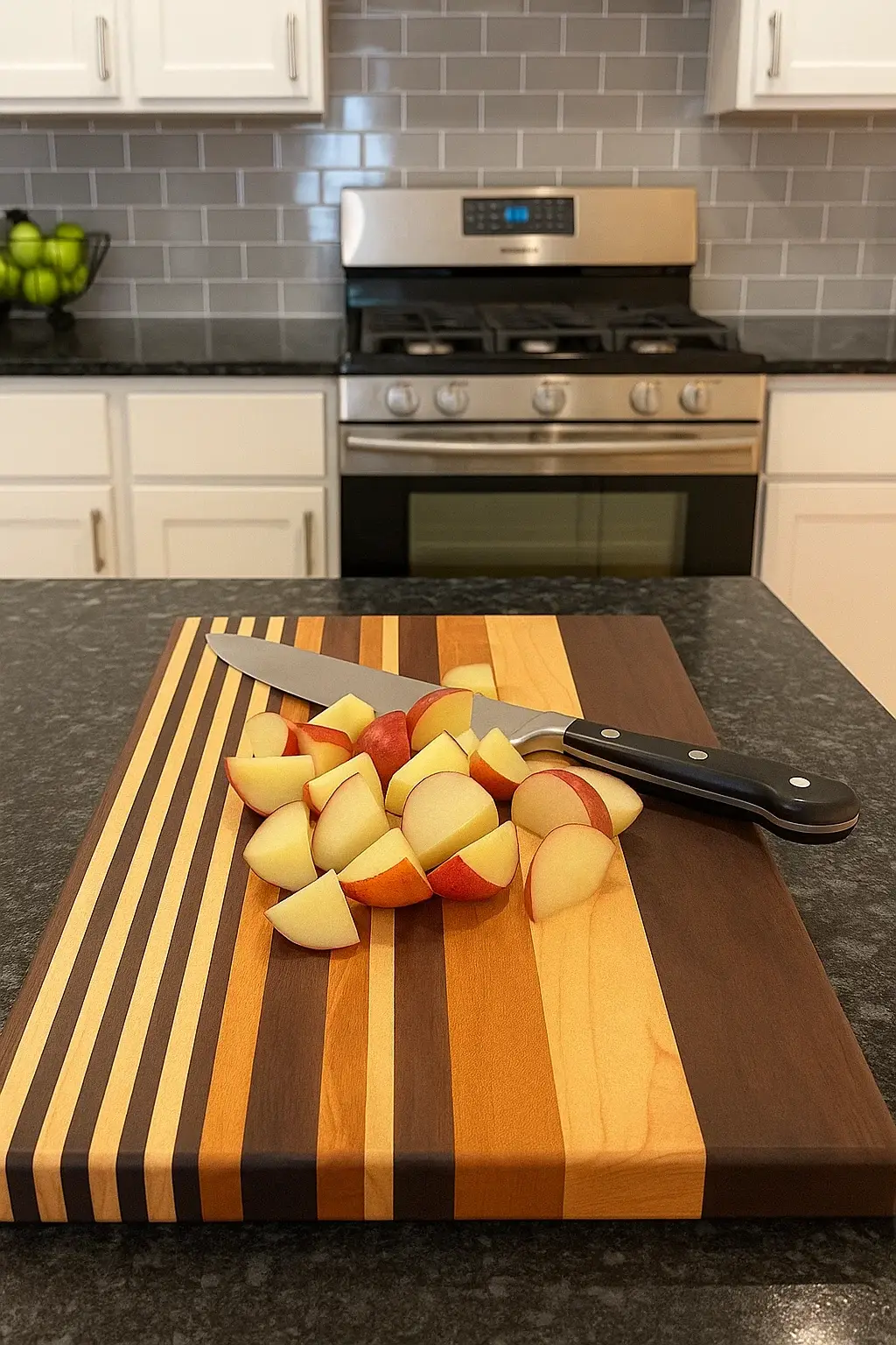 Maple, Cherry, and Black Walnut cutting board handcrafted by Carvers Creek, shown with sliced apples and knife in a modern kitchen.
