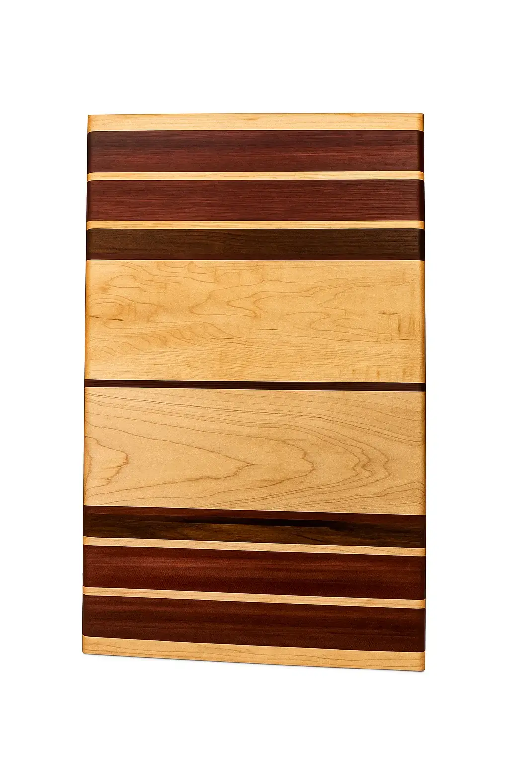 Long-grain cutting board handcrafted from Maple and Cherry by Carvers Creek, featuring alternating warm and light wood tones.