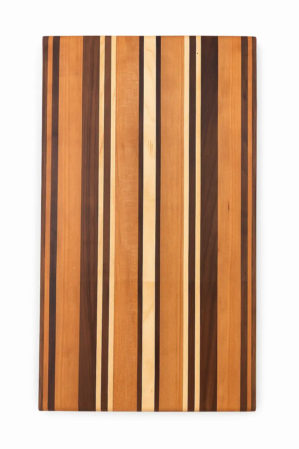 Long-grain Maple, Cherry, and Black Walnut cutting board handcrafted by Carvers Creek, featuring alternating natural hardwood stripes.